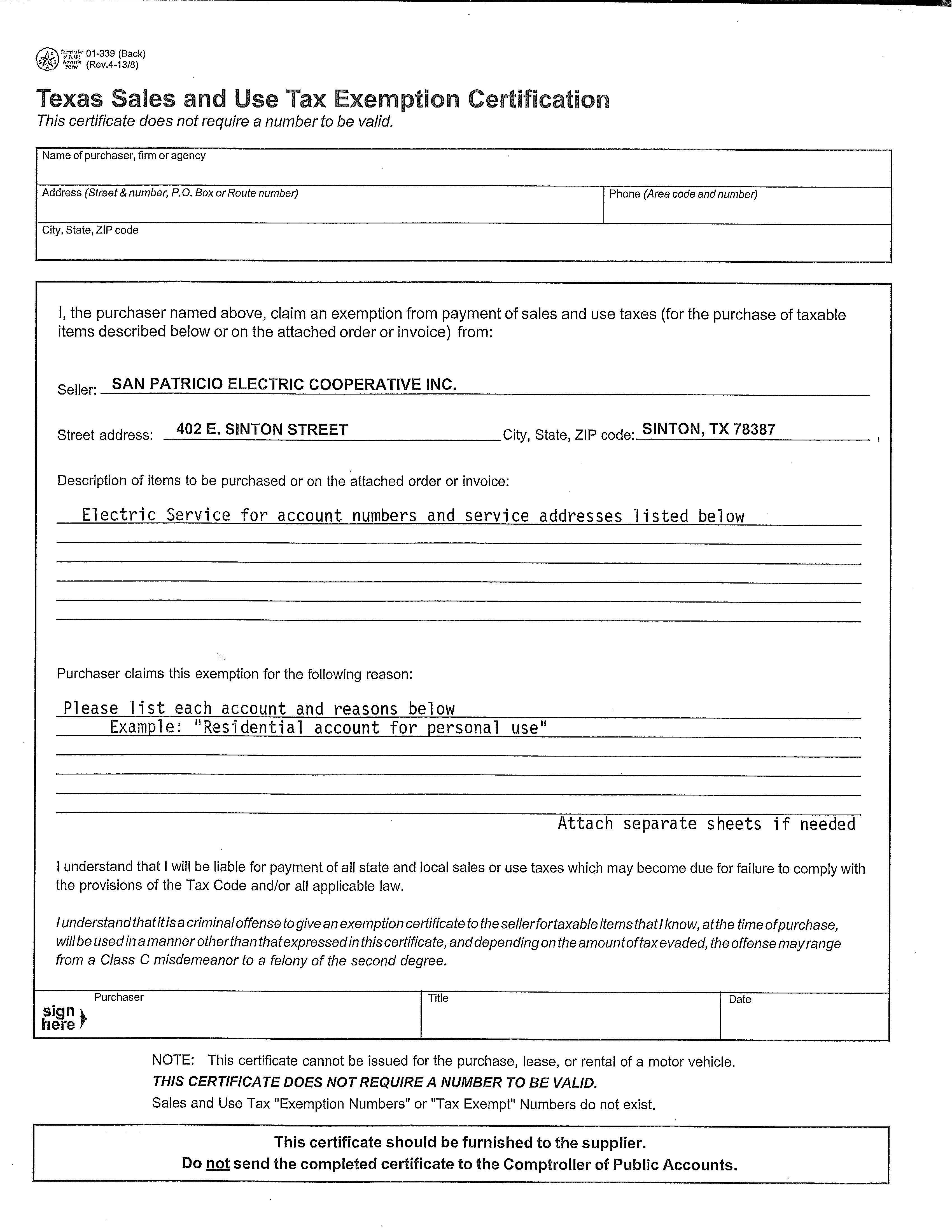 Example of completed Texas Tax Exempt Form